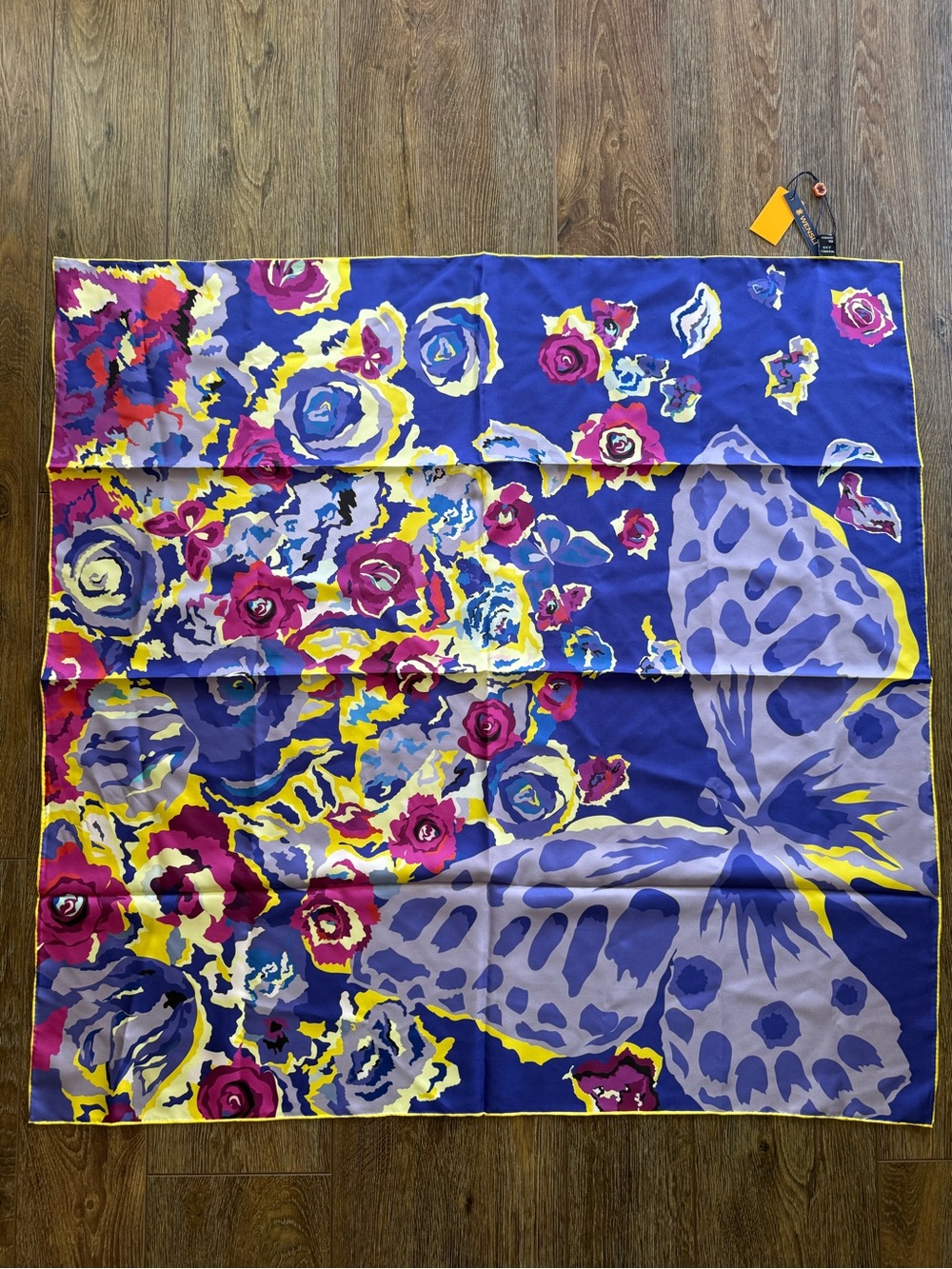 Wensli Bold Floral & Butterfly Silk Scarf in Royal Blue, Magenta, Yellow
